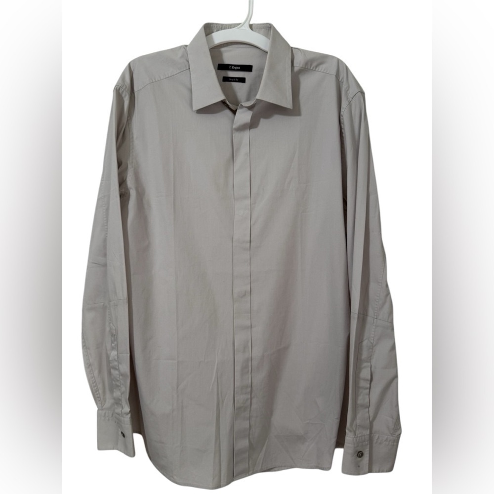 Z Zegna Mens Hidden Button Gray Long Sleeve Dress Shirt Drop 8 Fit Neck 16
